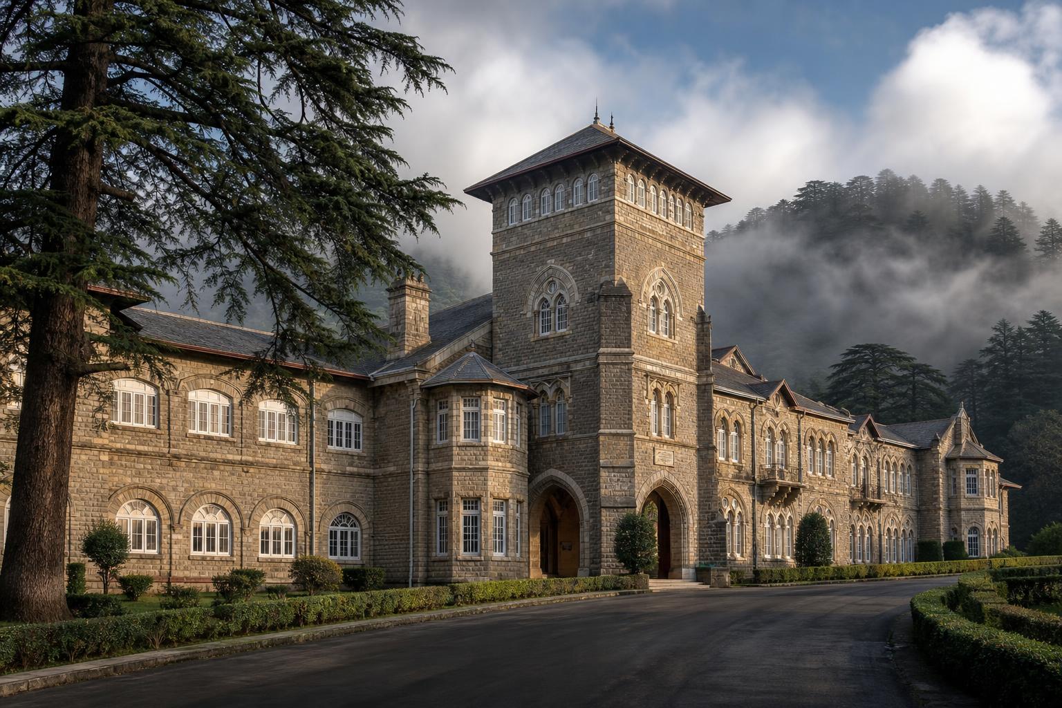 Lal Bahadur Shastri National Academy of Administration heritage building in Mussoorie mist