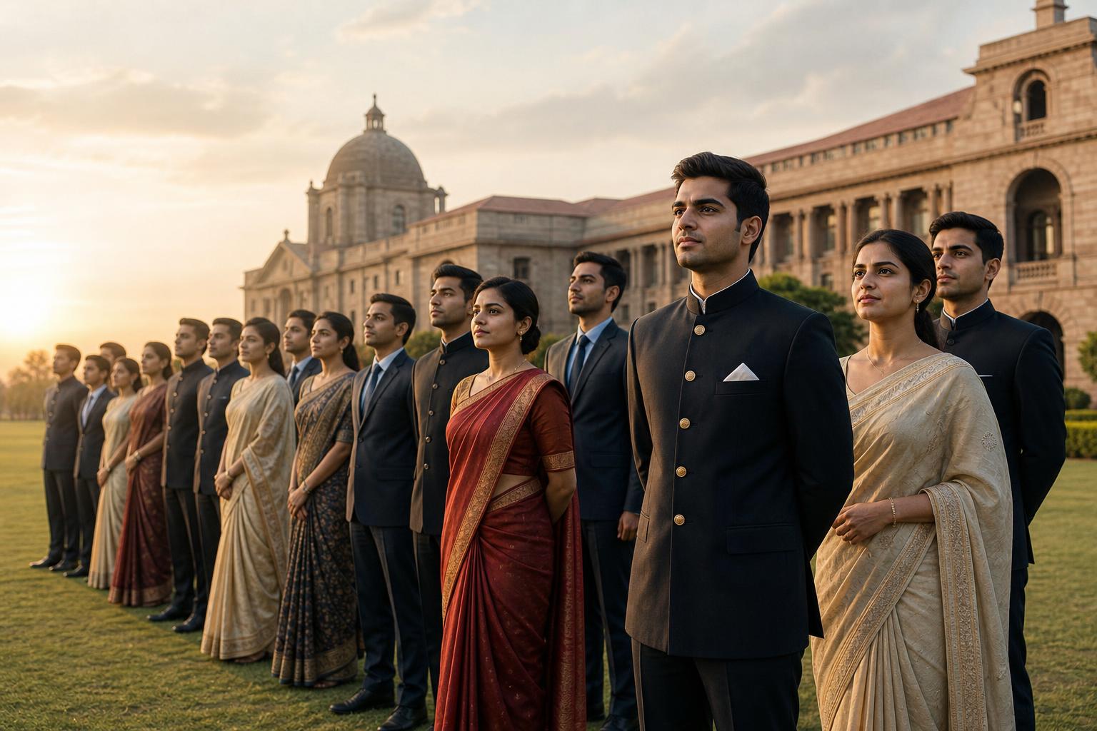 UPSC officer trainee batch on academy grounds at golden hour